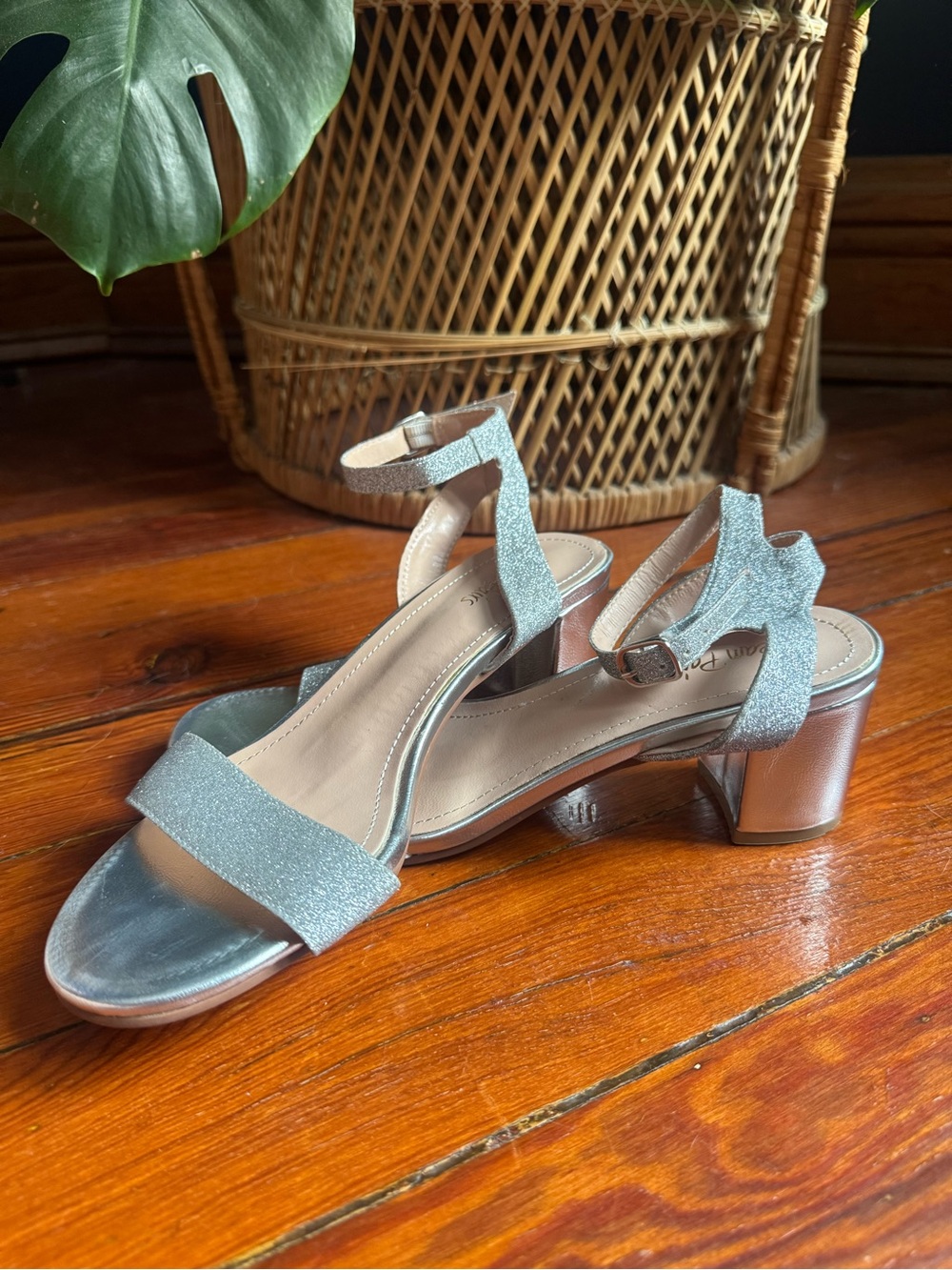 Silver Glitter Block Heel Sandals with Ankle Strap - Picture 2 of 6